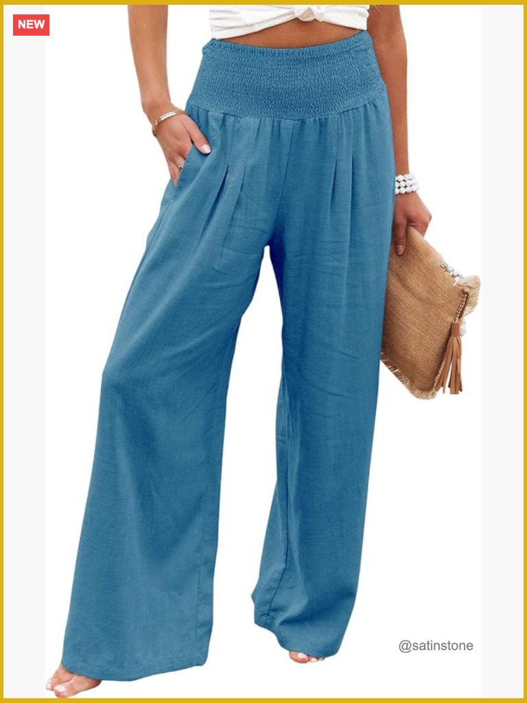 High Waisted Cotton Linen Wide Leg Palazzo Pants With Pockets